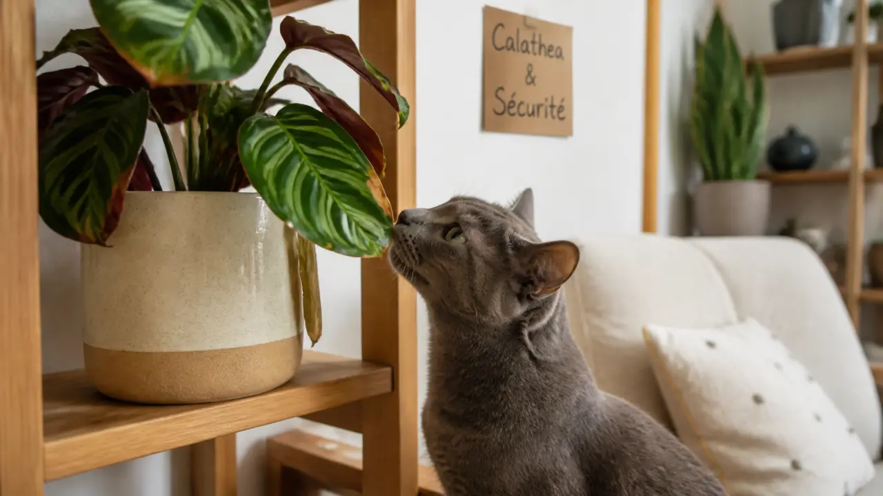 Chat renifle une feuille de calathea : calathea toxique chat, plante hors de portée