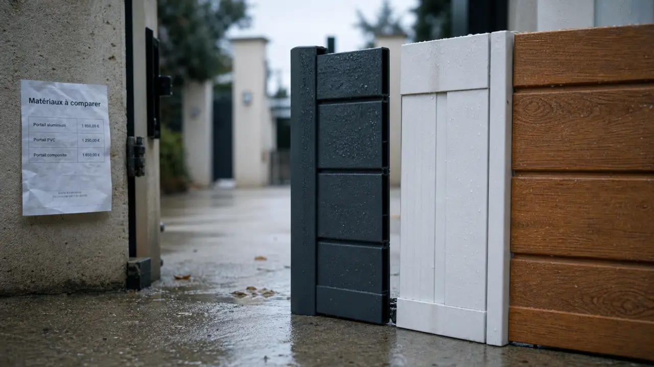 Différents matériaux portail : aluminium, PVC, bois et acier, entrée de maison