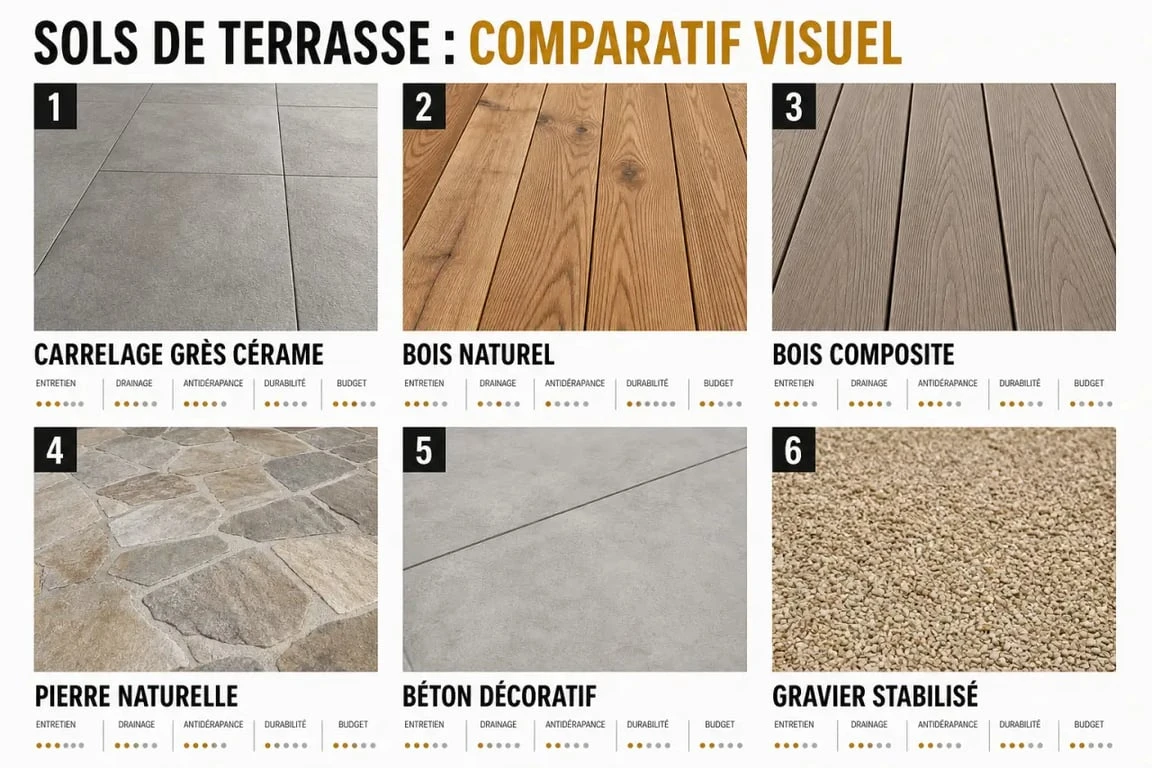 Sol pour terrasse extérieure : comparaison visuelle du carrelage, du bois, du composite, de la pierre et du béton