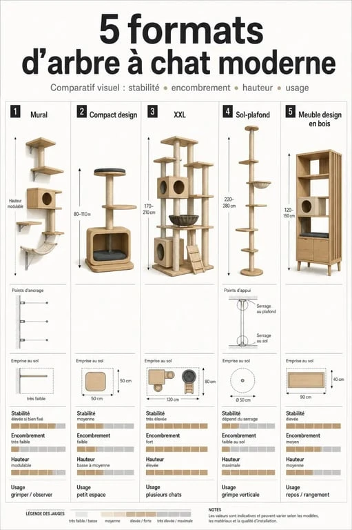 Comparatif de l’arbre a chat moderne selon le format, la stabilité et l’encombrement