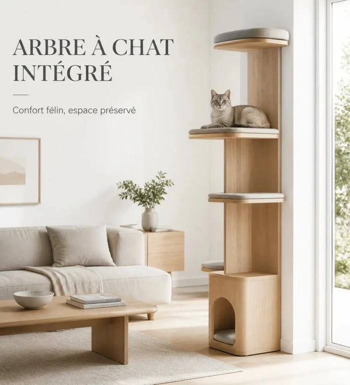 Arbre a chat moderne intégré dans un salon contemporain avec bois clair et lignes sobres