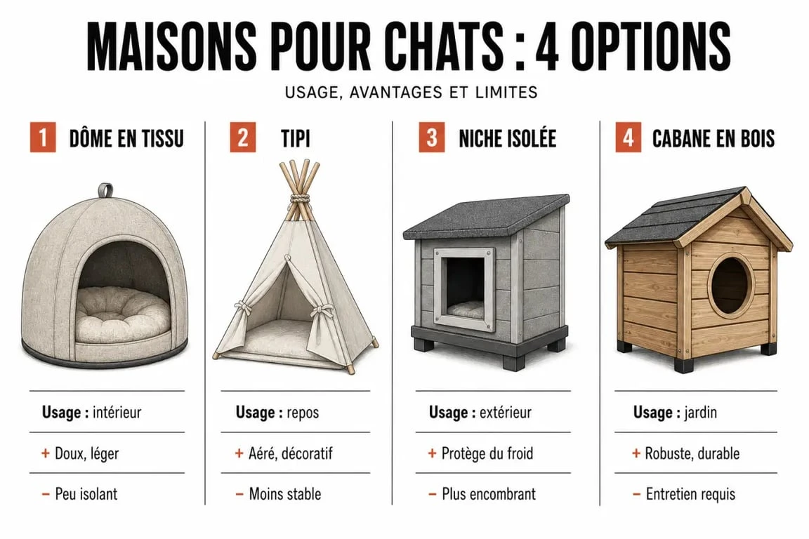 Maison pour les chats : comparaison des principaux formats pour intérieur et extérieur