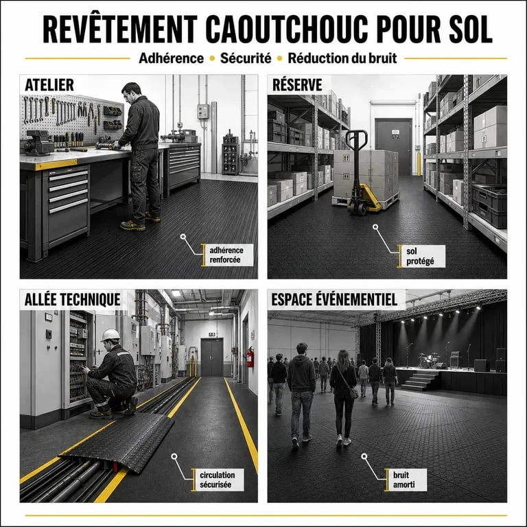 Usages du revêtement caoutchouc pour sol en atelier, réserve et allée technique