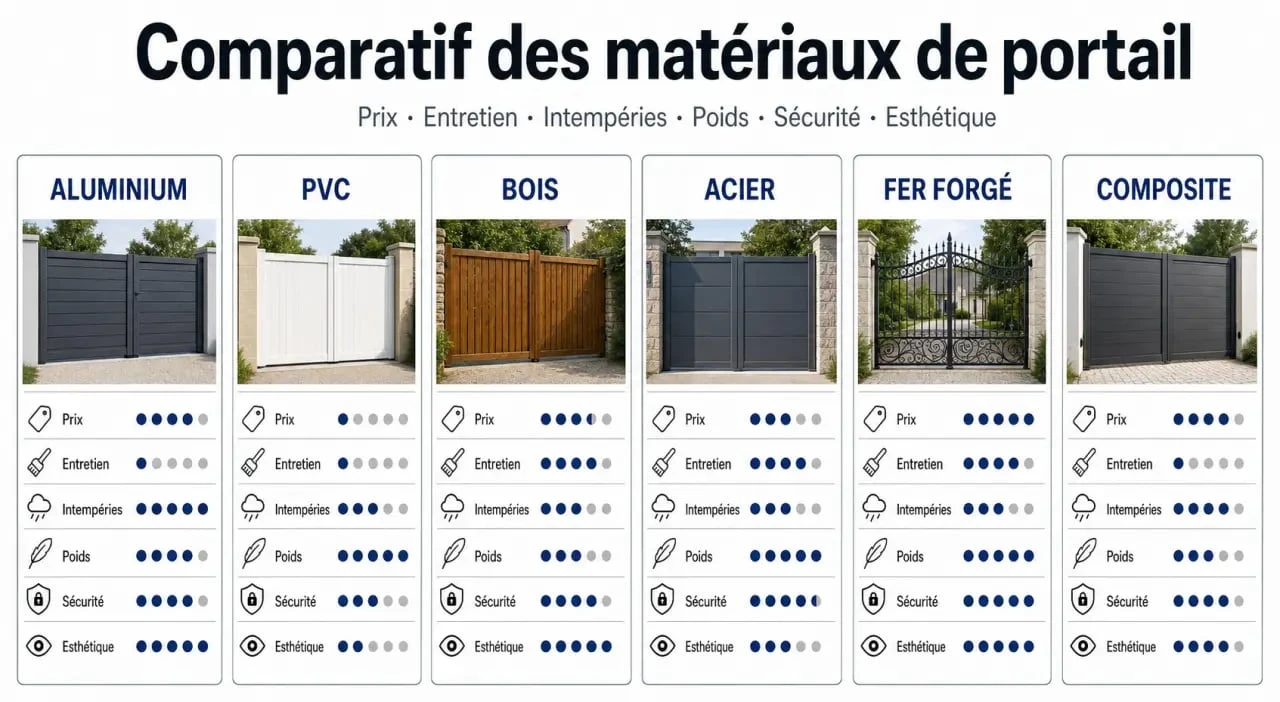 Comparatif des différents matériaux portail : aluminium, PVC, bois, acier, fer forgé et composite