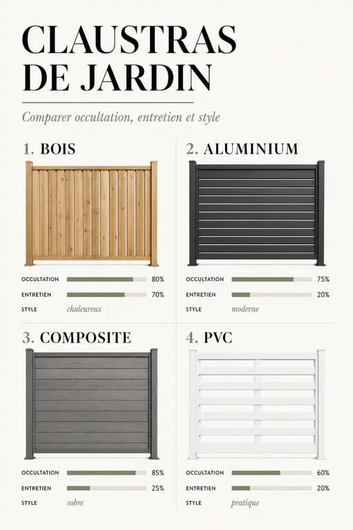 Claustra pour jardin : comparaison visuelle des matériaux et des niveaux d’occultation