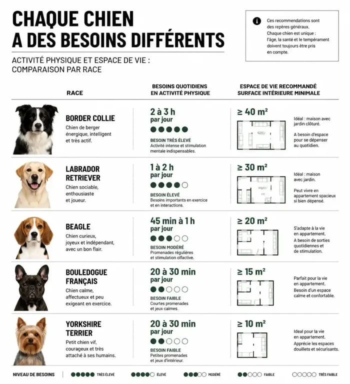 Infographie comparative des besoins des chiens pour la vie en appartement
