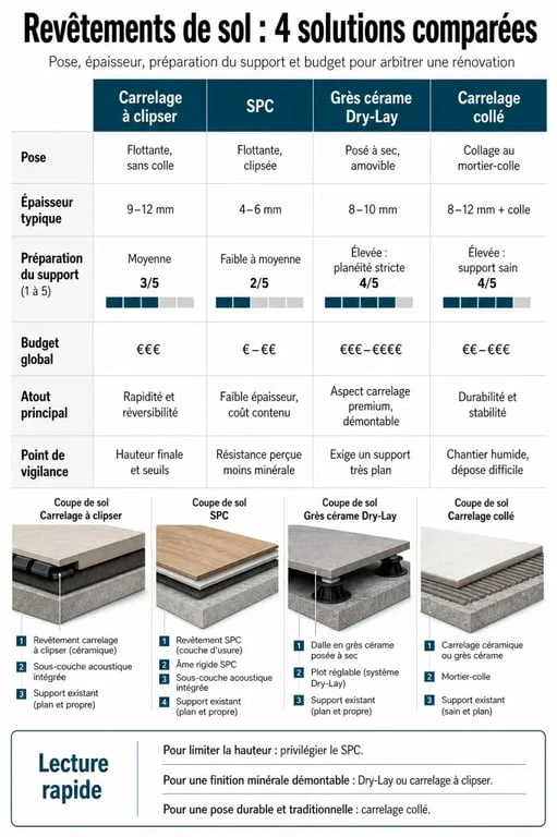 Carrelage à clipser : infographie comparative des solutions de sol et de leurs usages