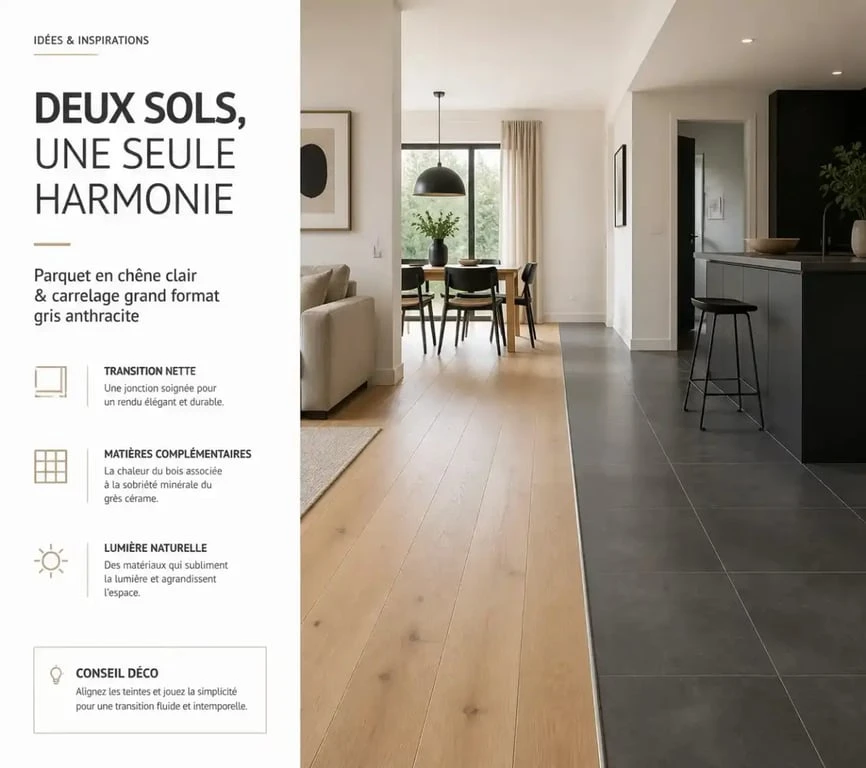 Transition esthétique entre un parquet en bois et un carrelage dans un intérieur moderne