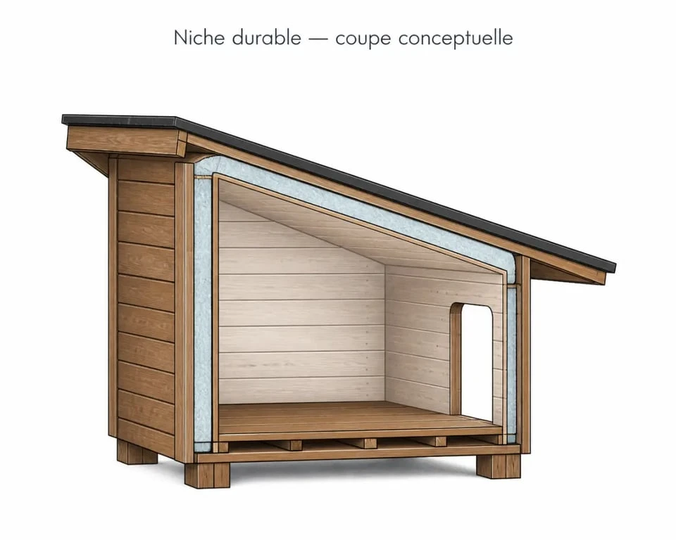 Construction durable chien de garde maison : coupe conceptuelle de la niche avec bois, isolation et toiture