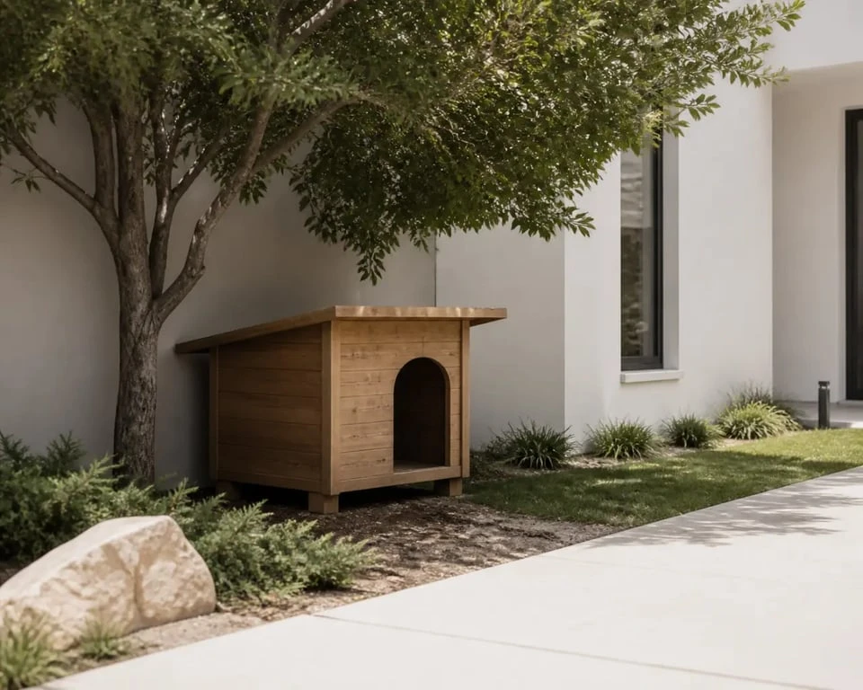 Construction durable chien de garde maison : niche extérieure surélevée et protégée dans un jardin