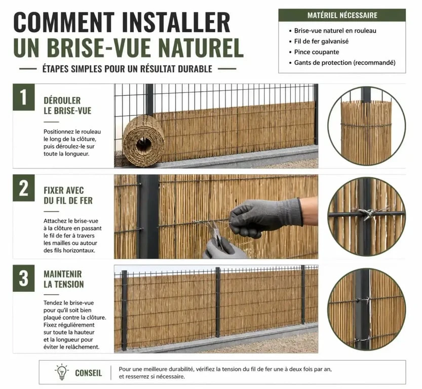 Étapes d'installation d'un brise-vue naturel sur une clôture de jardin