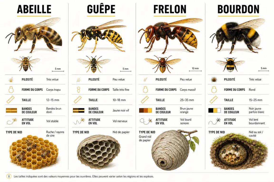 Abeille guepe : infographie comparative pour distinguer les insectes et reconnaître leurs différences visibles
