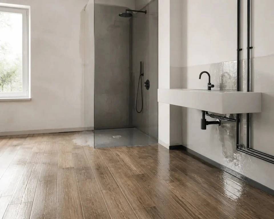 Sol salle de bain pvc dans une salle de bain contemporaine avec zones humides et sol imitation bois