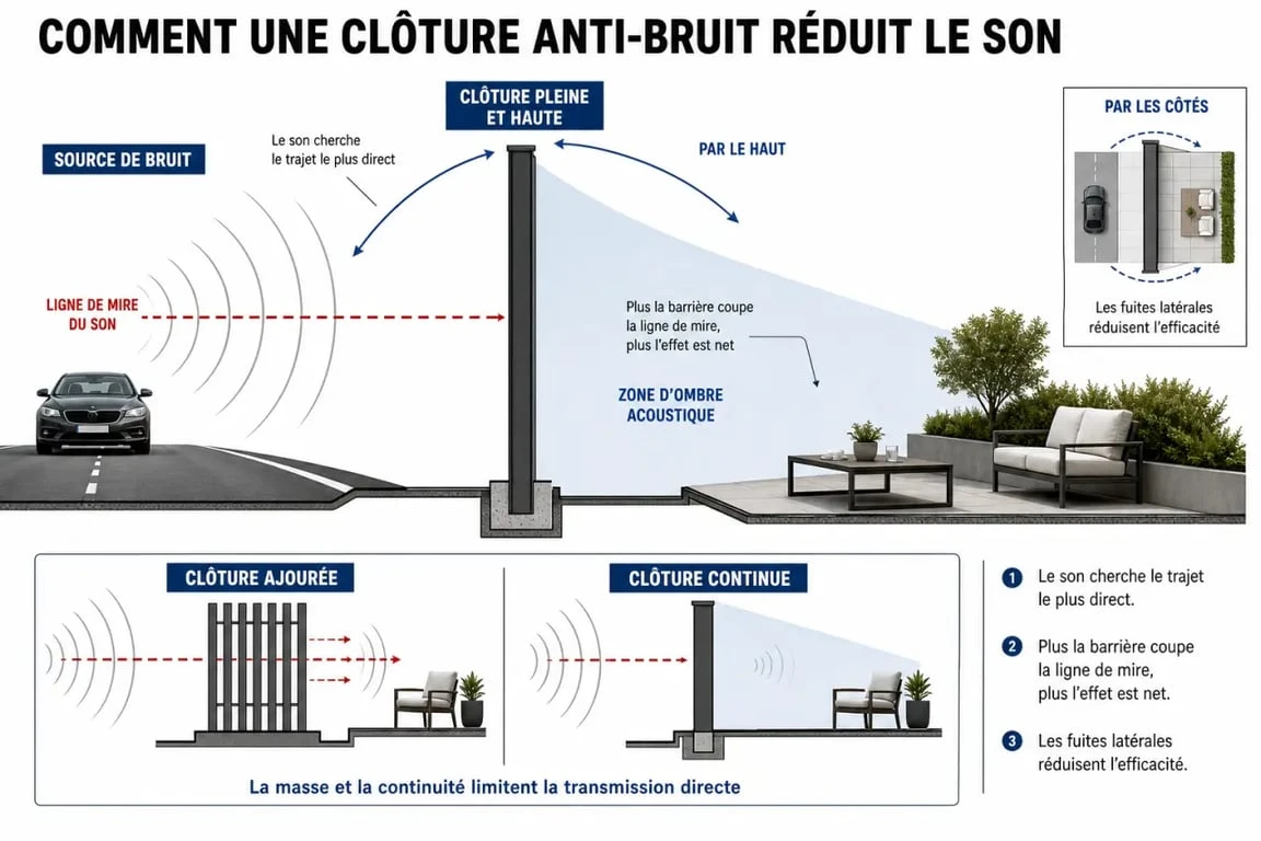 Schéma de clôture anti-bruit jardin montrant la zone d’ombre acoustique et la coupe de la ligne de mire