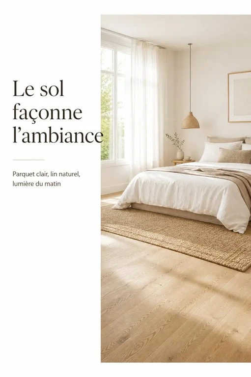 Ambiance de revêtement sol chambre avec parquet clair et décoration apaisante