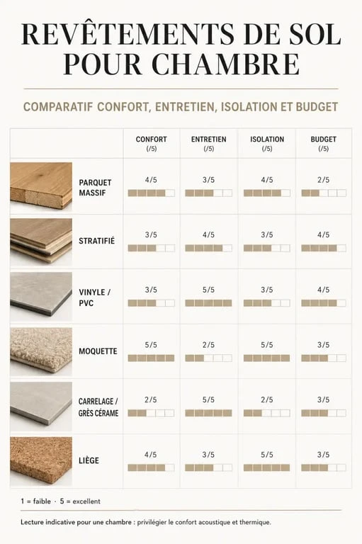 Comparatif du revêtement sol chambre : parquet, stratifié, vinyle, moquette, carrelage et liège