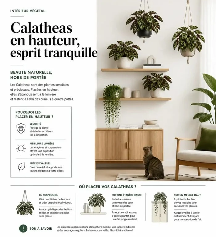 Aménagement intérieur sécurisé pour chat avec des plantes Calathea en hauteur
