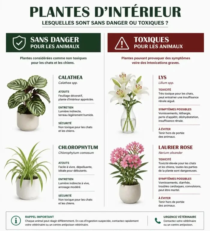 Infographie comparative des plantes toxiques et non toxiques pour les chats, incluant le Calathea