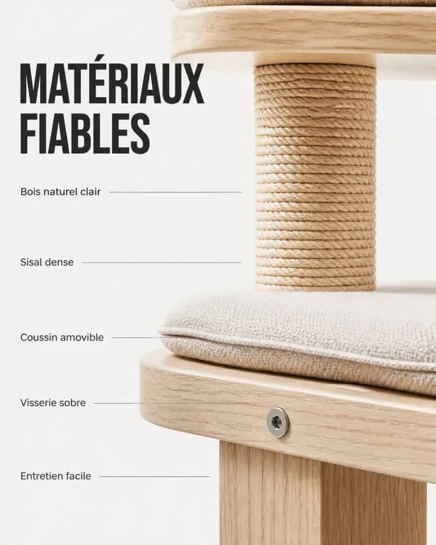 Détail des matériaux d’un arbre a chat scandinave en bois clair et sisal