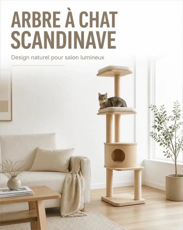 Arbre a chat scandinave dans un salon moderne lumineux en bois clair
