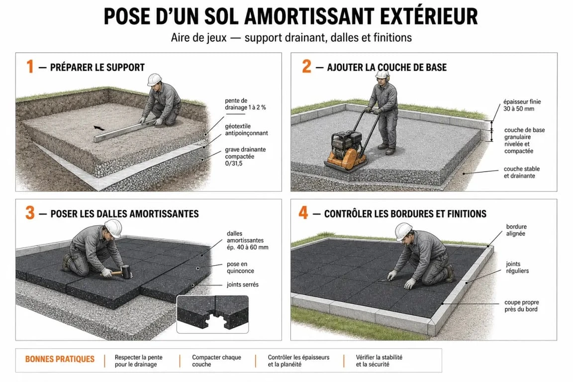 Revêtement de sol extérieur aire de jeux : étapes de préparation du support et de pose