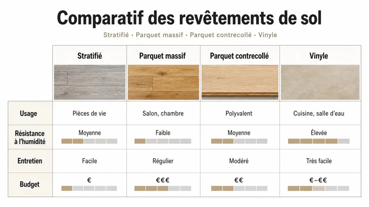 Revêtement de sol stratifié : comparaison visuelle avec parquet massif, contrecollé et vinyle