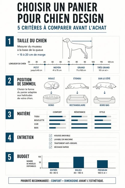 Comparatif des critères des paniers pour chiens design selon taille, matière et budget