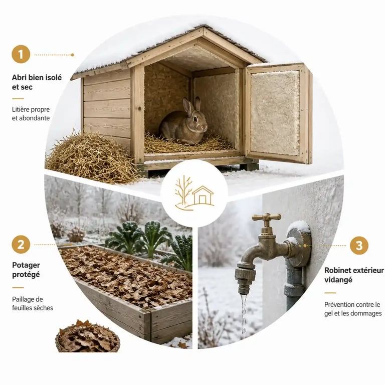 Illustration des étapes clés pour préparer son jardin et ses animaux pour l'arrivée de l'hiver