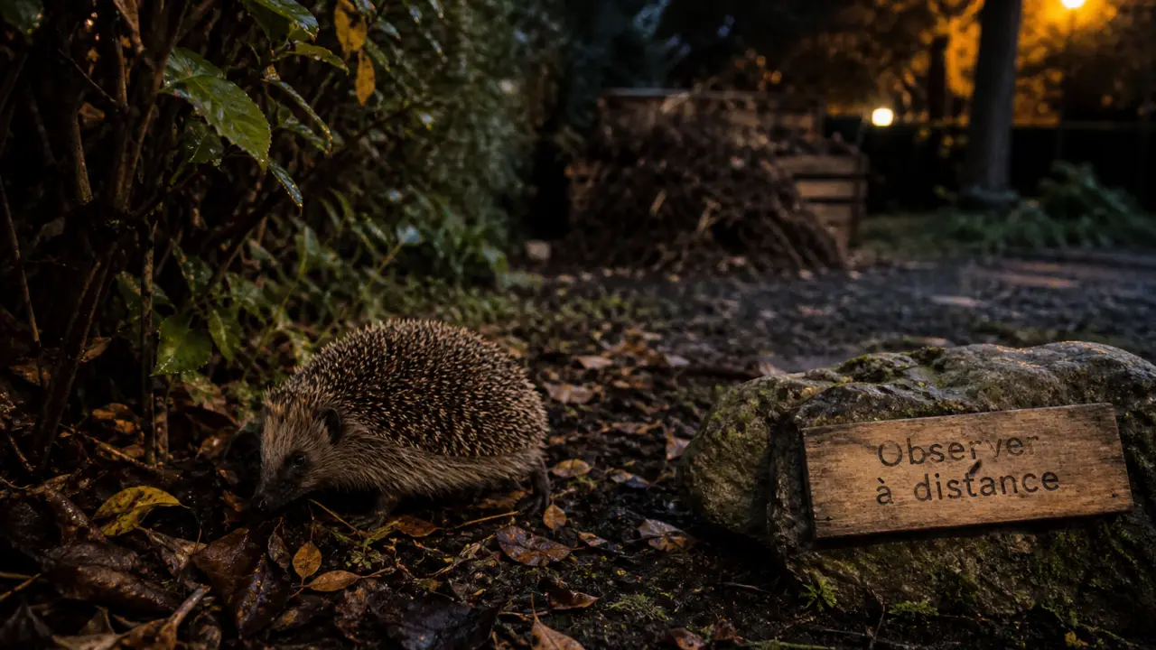 Herisson dans le jardin : petit hérisson près des feuilles mortes