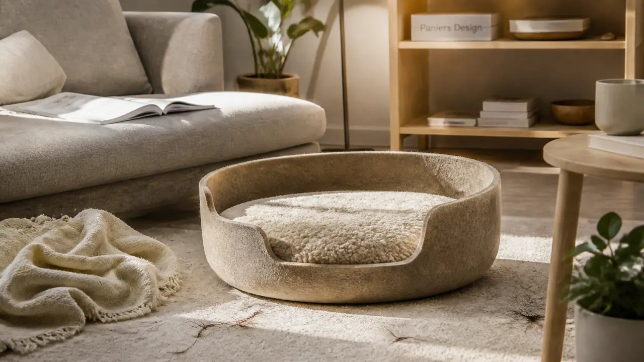 Paniers pour chiens design : panier rond en feutre beige et coussin