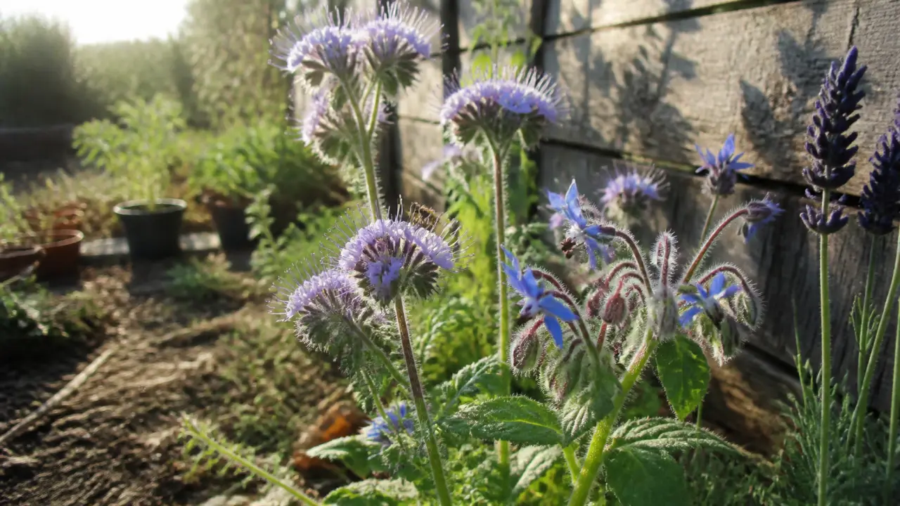 Plantes mellifere : phacélie et bourrache en fleurs, abeille domestique
