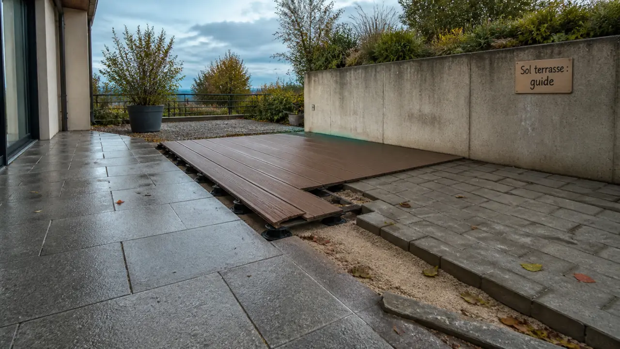 Sol pour terrasse extérieure : carrelage R10, bois classe 4 et gravier stabilisé