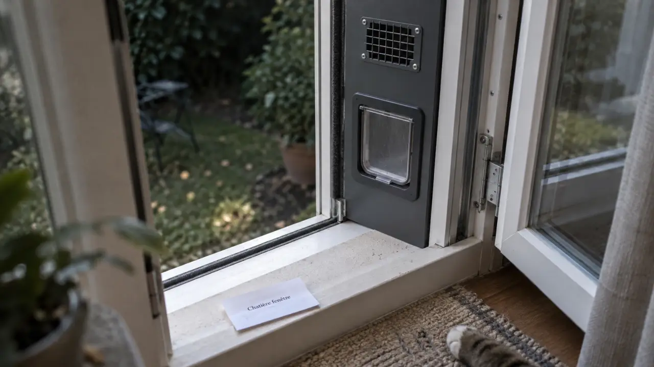 Chatière pour fenetre sans perçage sur fenêtre PVC ouverte, clapet et grille