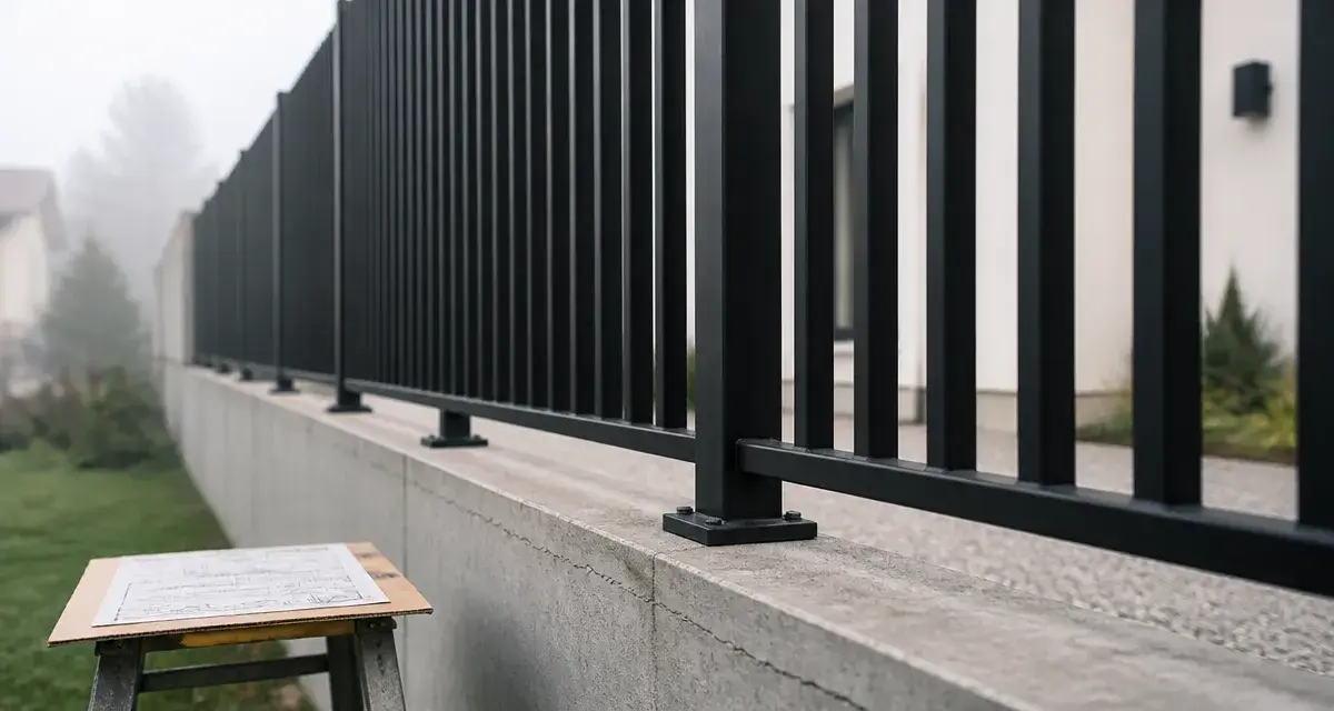 Clôture aluminium pour muret ajourée noire sur muret en béton