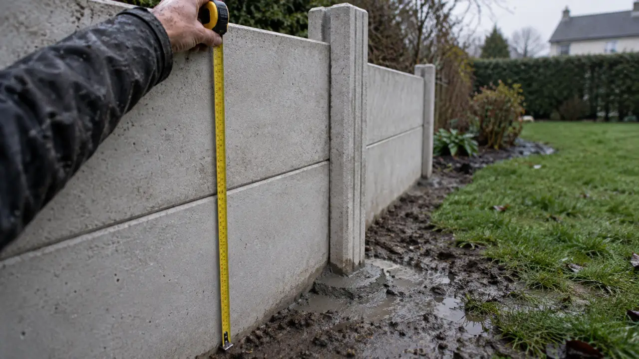 Clôture jardin béton : mètre ruban pour mesurer la hauteur d’une clôture en béton gris