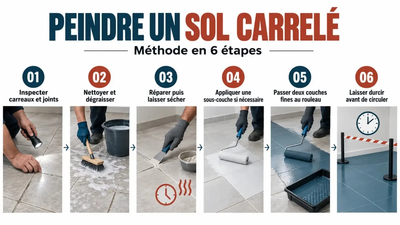 Étapes pour peindre un sol carrelé : préparation, sous-couche, application des couches et temps de séchage