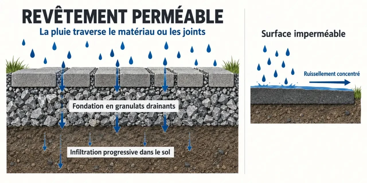 Schéma du fonctionnement d’un revêtement perméable sol extérieur et de l’infiltration de l’eau