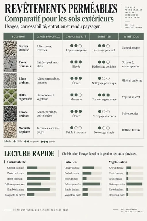 Infographie comparative des solutions de revêtement perméable sol extérieur selon les usages