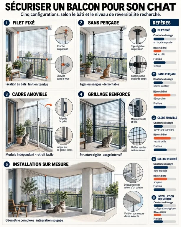 Solutions de protection pour sécuriser un balcon pour un chat selon la configuration