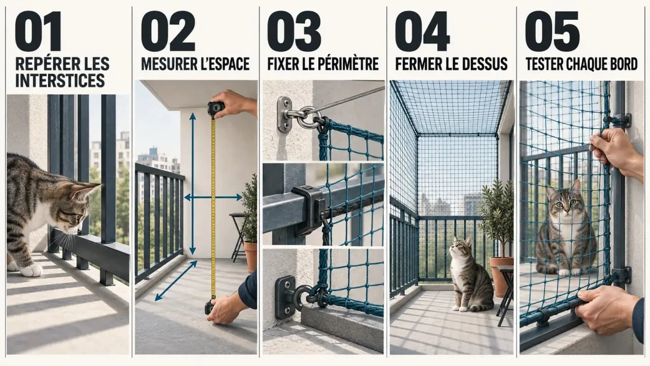 Étapes pour sécuriser un balcon pour un chat avec un filet de protection