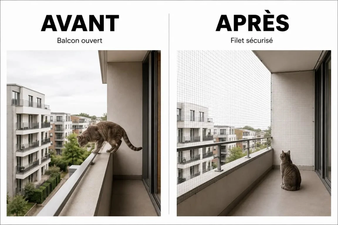 Avant après d’un filet pour chat balcon sur un balcon sécurisé