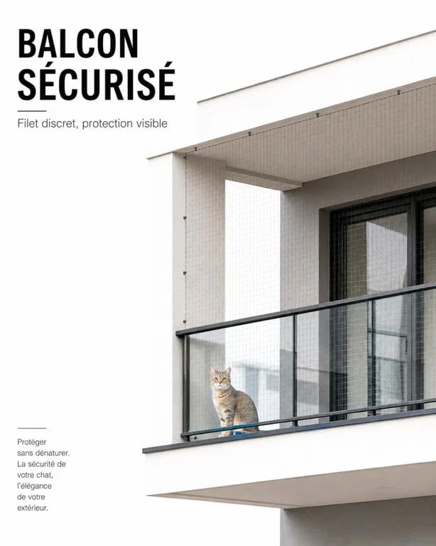 Filet pour chat balcon discret et tendu sur un balcon d’appartement