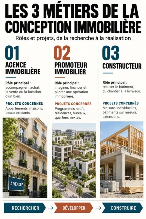 Infographie sur les trois métiers de la conception immobilière : agence, promoteur et constructeur