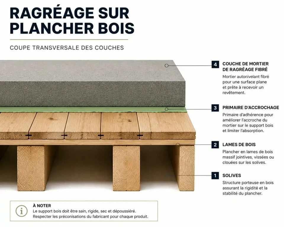 Schéma technique des couches pour ragréer un plancher en bois