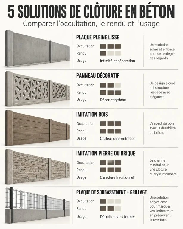 Clôture jardin béton : comparaison des plaques lisses, décoratives, imitation bois et imitation pierre