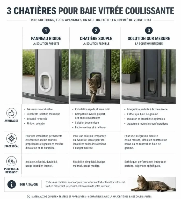 Comparatif des types de chatières pour baie vitrée coulissante : rigide, souple et sur-mesure.