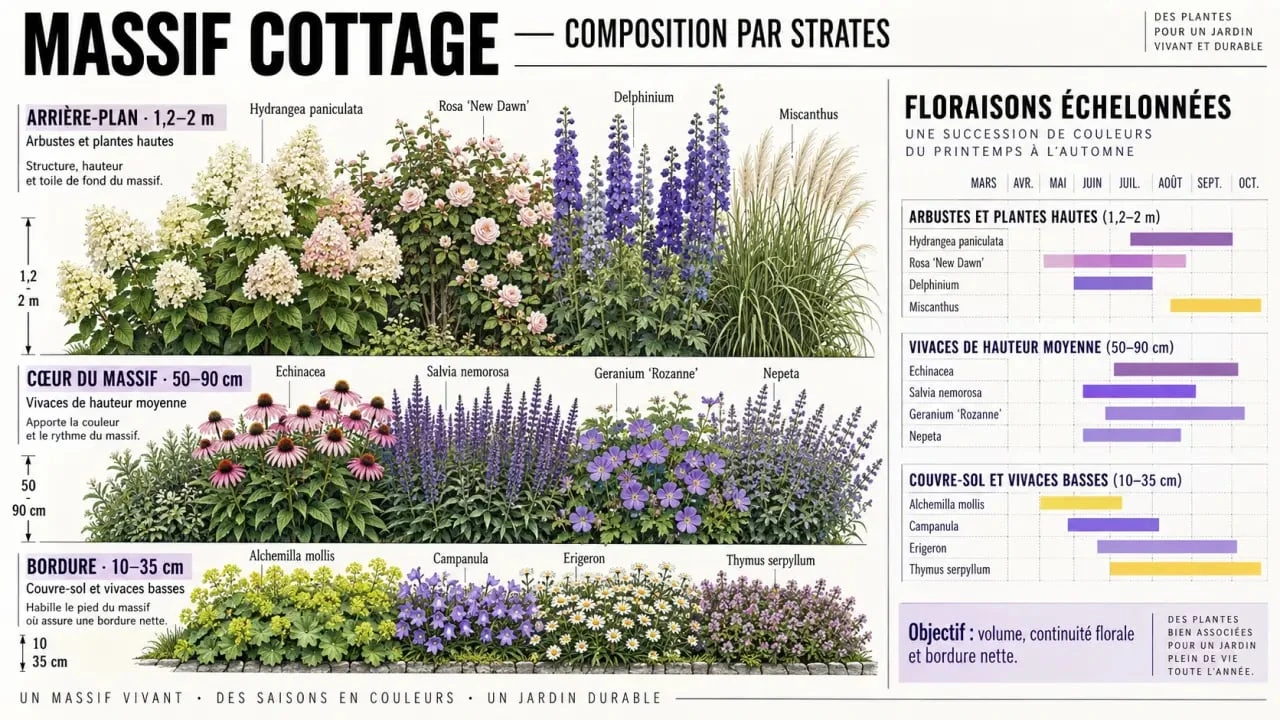 Infographie de composition d’un massif de jardin cottage par hauteurs et saisons