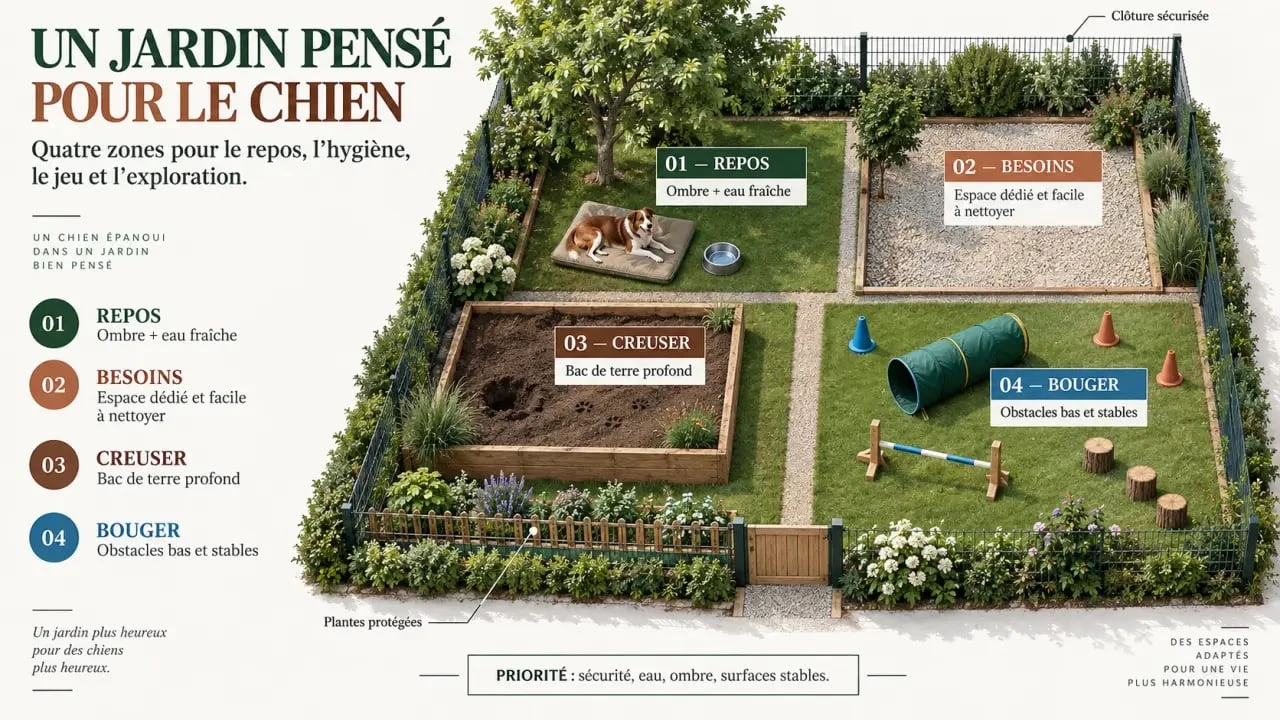 Chien jardin aménagé avec zones de repos, de jeu et de creusage sécurisées