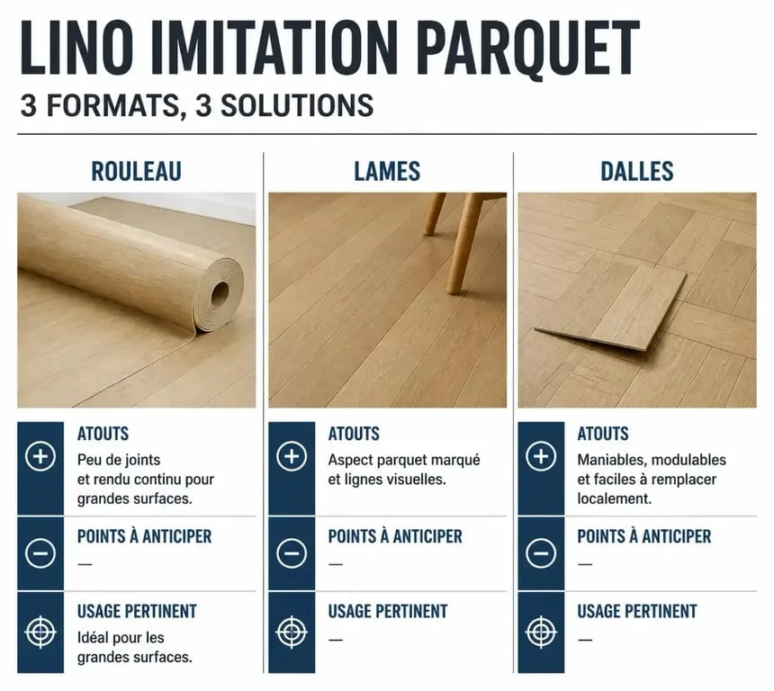 Infographie comparative des formats de lino imitation parquet en rouleau, lames et dalles
