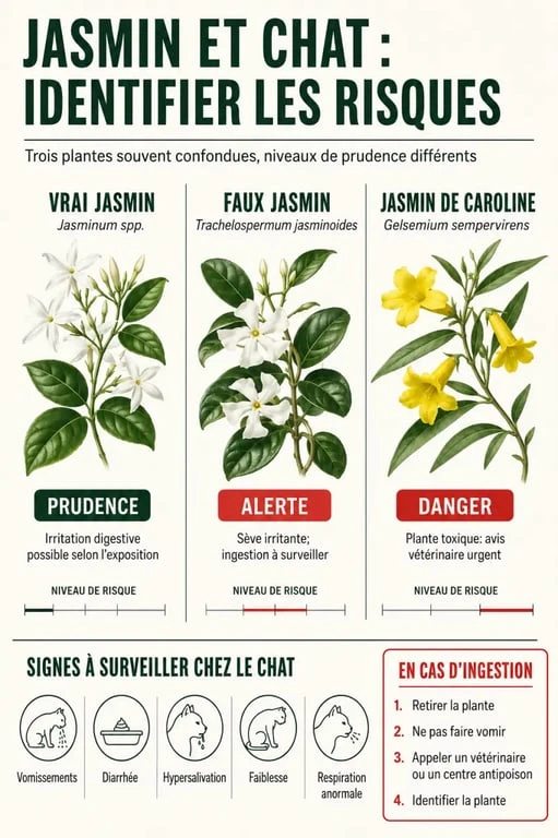 Infographie jasmin toxique chat : variétés à risque, symptômes à surveiller et réflexe vétérinaire